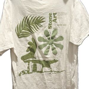 "Stone Art" | Green and Cream Plant-Themed White T-Shirt | Size Large |